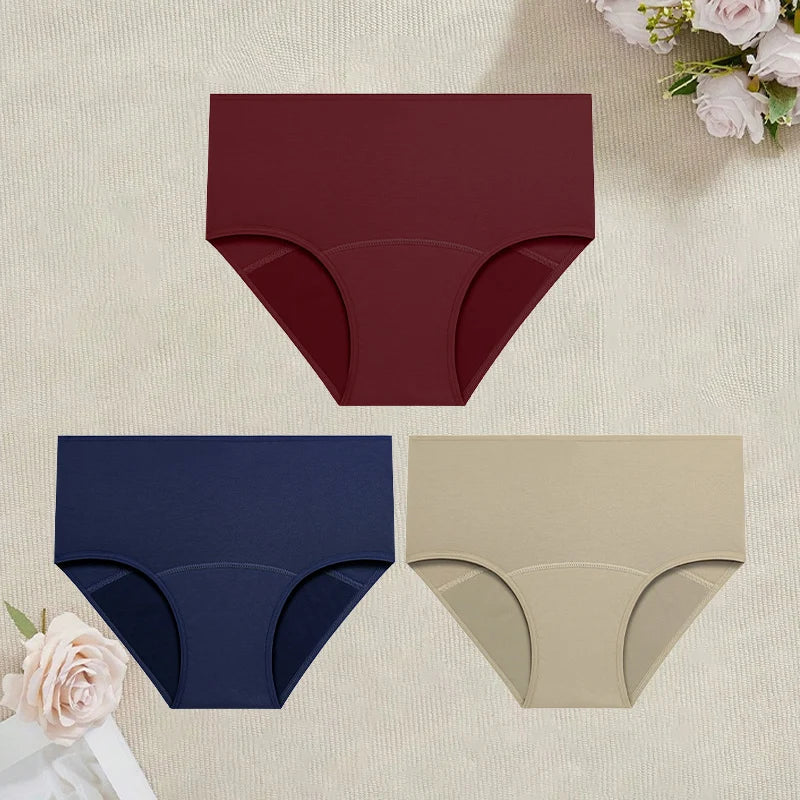 3Pcs/Set Cotton High Waist Physiological Panties For Women Solid Color Leakproof Breathable Underwear Menstrual Period Lingerie