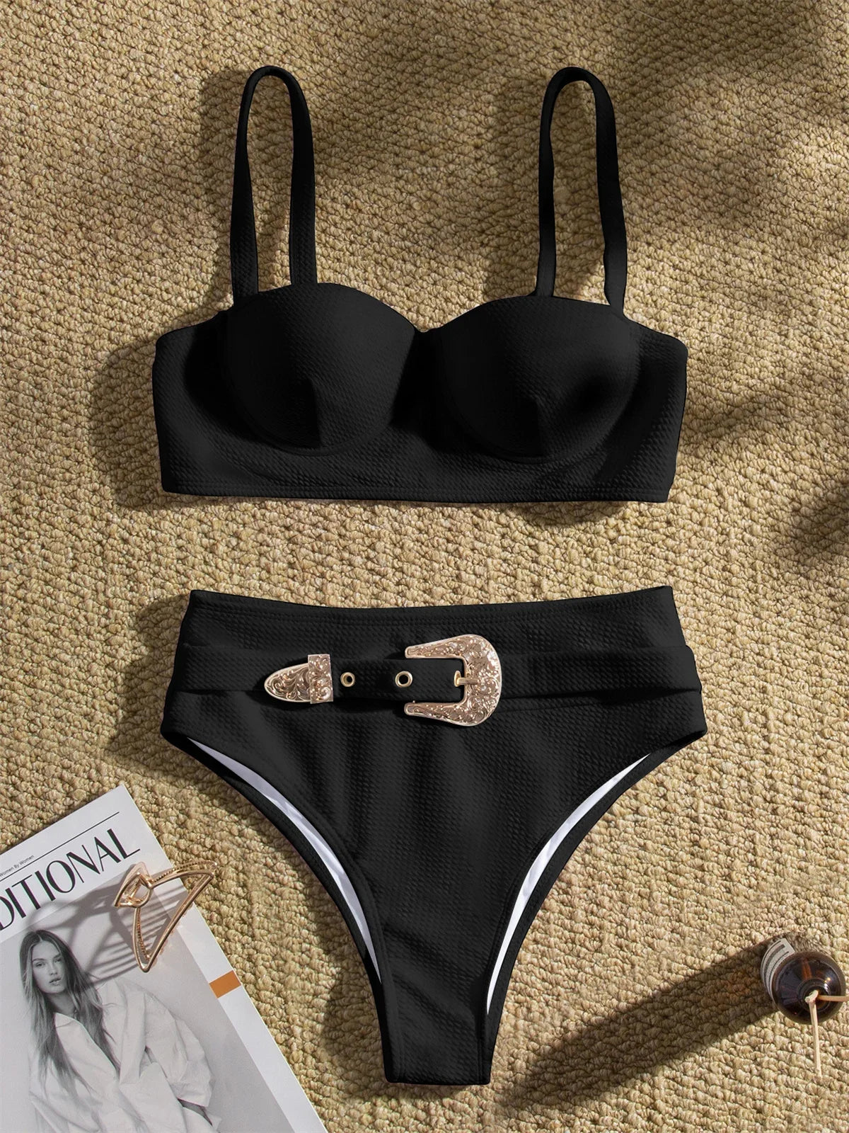 Sexy Rhinestone Belt High Waist Bikinis Set 2025 Women Solid White Black Push Up Underwire Swimsuit Buckle Bathing Suit Swimwear