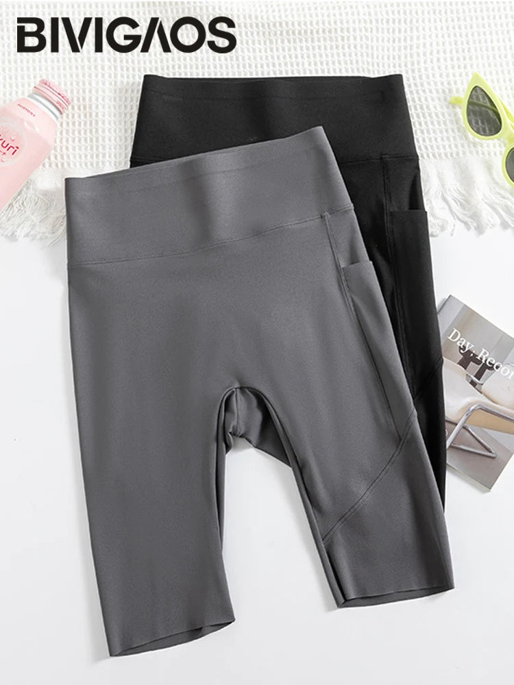 BIVIGAOS Side Pocket Biker Sharkskin Shorts Leggings Women Summer High Waist Thin Slim Skinny Yoga Running Sport Cycling Shorts
