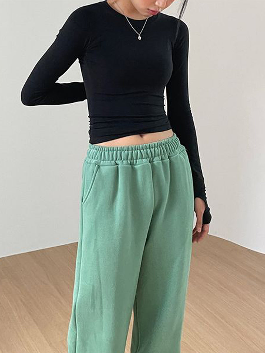 Women Casual Thumb Hole Shirt Trendy  Fit Long Sleeve Round Neck Tops Summer Solid Color Tee