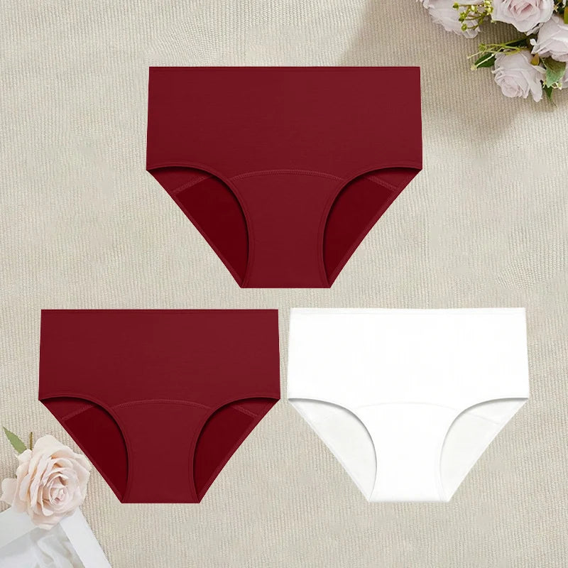 3Pcs/Set Cotton High Waist Physiological Panties For Women Solid Color Leakproof Breathable Underwear Menstrual Period Lingerie