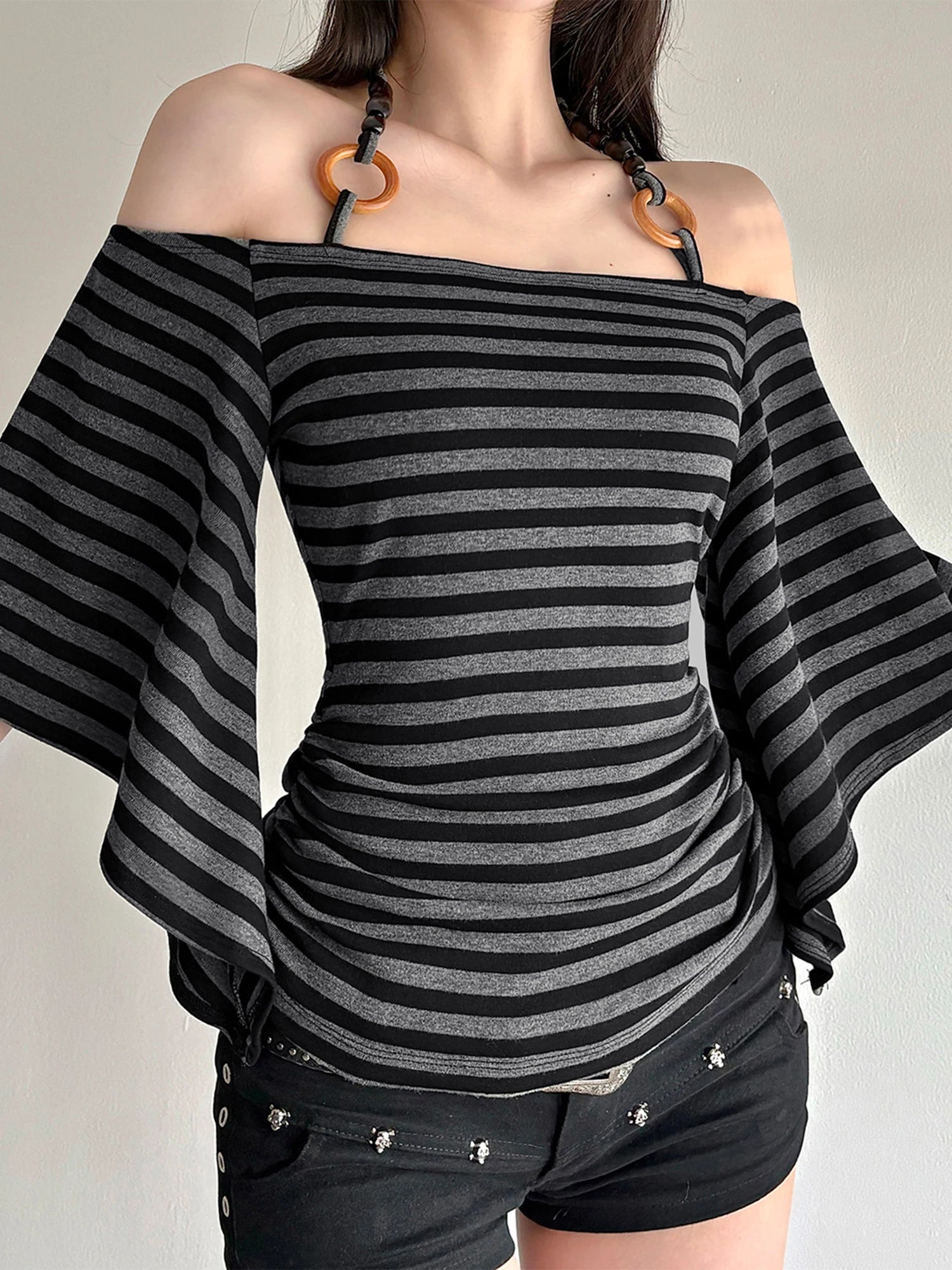Elegant Striped Off Shoulder Blouse with Halter Neck and 3 4 Batwing Sleeves Perfect for Stylish Fall Outfits