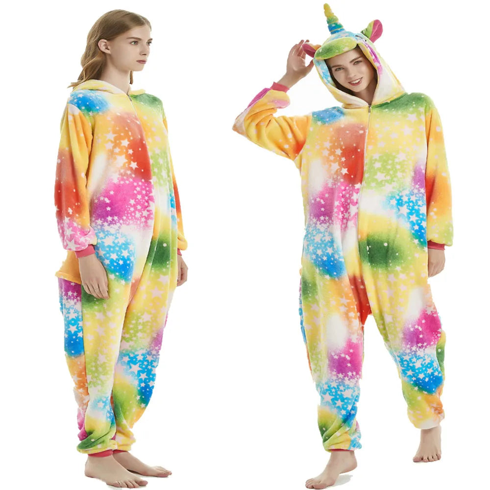 Animal Onesies Kigurumi Unicorn Pajamas Set Women Winter Overall Flannel Cartoon Cosplay Sleepwear Jumpsuit Men Homewear Pijama