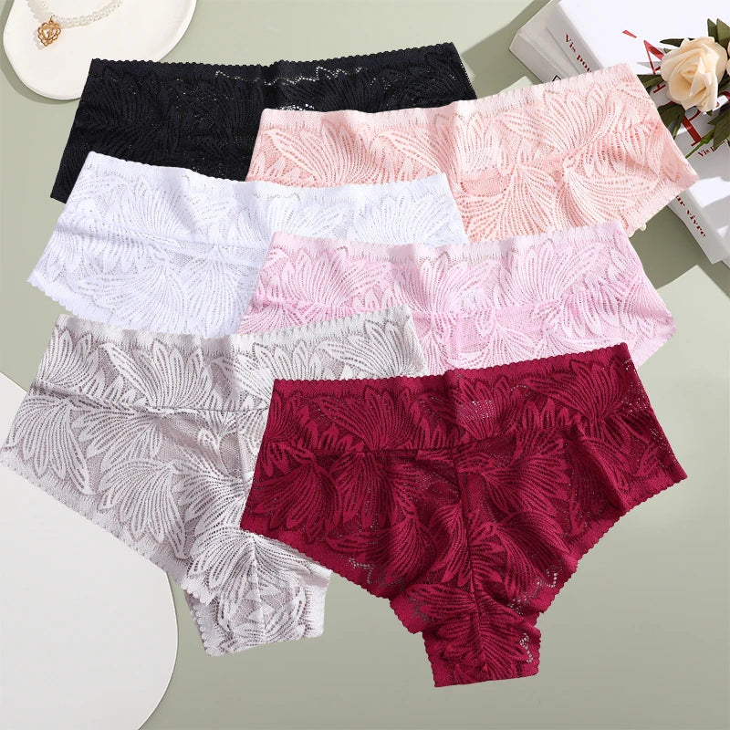 6pcs Women's Sexy Lace Breathable Panties Seamless High Waist Transparent G-String Solid Color Hollow Breathable Underwear S-XXL
