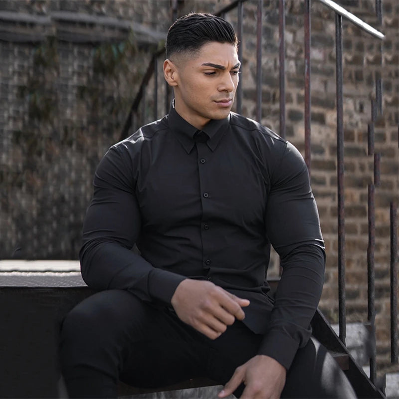 Long Sleeve Solid Shirt Super Slim Fit Male Social Business Dress Brand Men Fitness Men's Casual Sports Shirts Sports Clothing