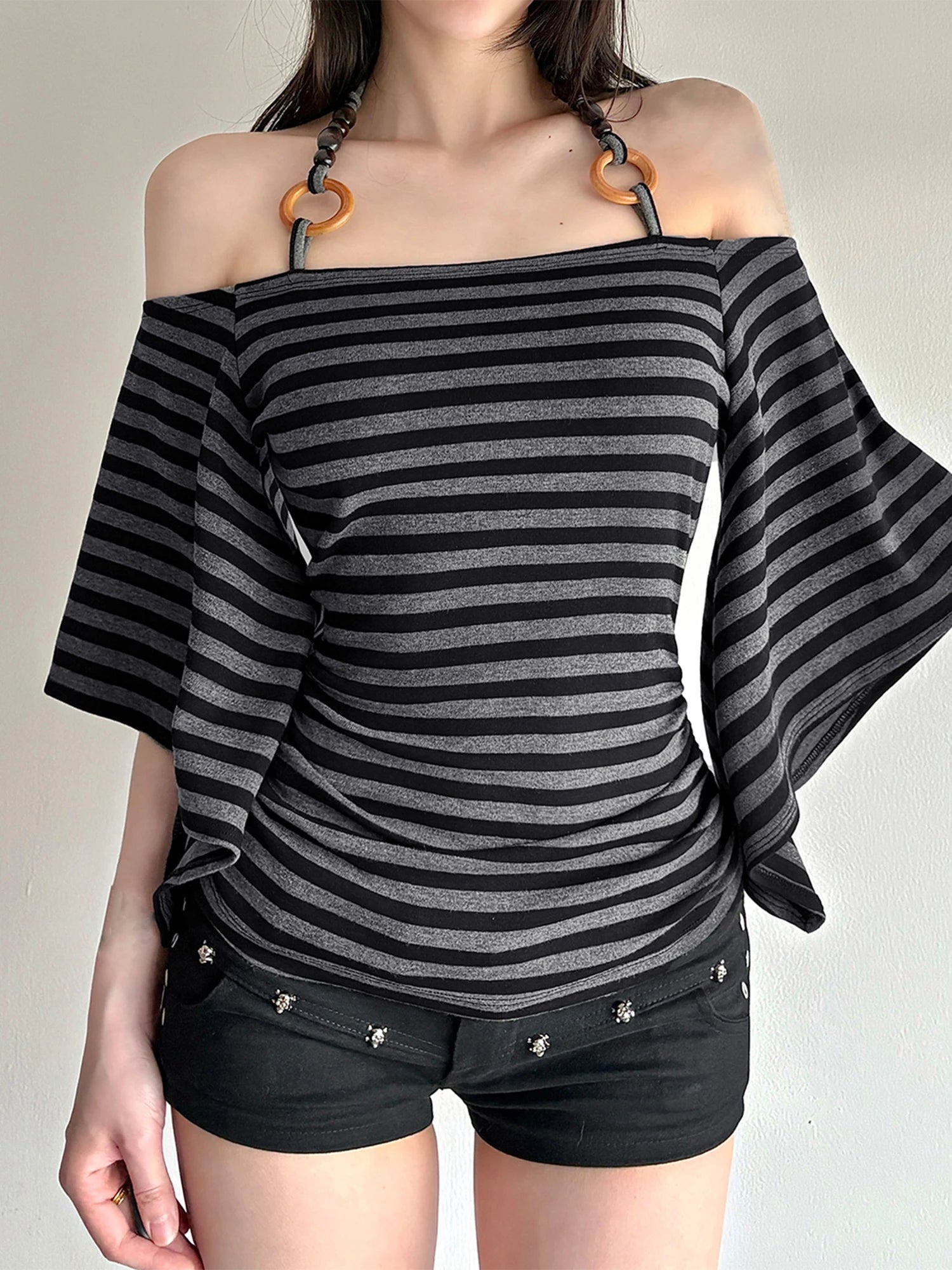 Elegant Striped Off Shoulder Blouse with Halter Neck and 3 4 Batwing Sleeves Perfect for Stylish Fall Outfits