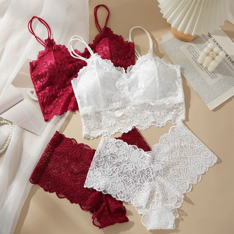 ALLTOOALL Women Sexy Lace Bras Suit Hollow Out Flower Lace Underwear Sets Beautiful Back Tops Panties 2PCS Intimate Set