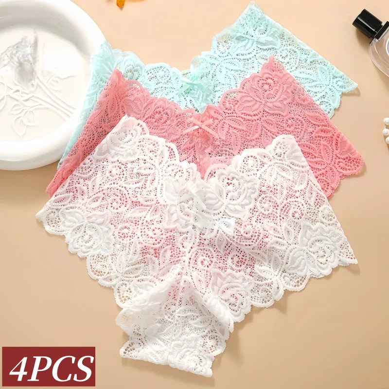 4Pcs/Set Floral Lace Panties Women Sexy Boyshorts Solid Color Underwear Female Low Waist Boyshort Breathable Lingerie S-XXL