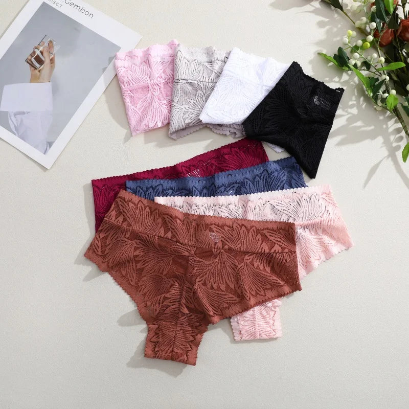 6pcs Women's Sexy Lace Breathable Panties Seamless High Waist Transparent G-String Solid Color Hollow Breathable Underwear S-XXL