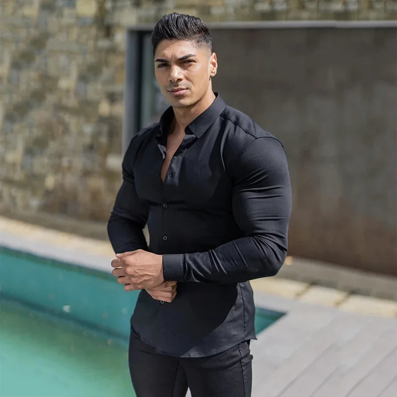 Long Sleeve Solid Shirt Super Slim Fit Male Social Business Dress Brand Men Fitness Men's Casual Sports Shirts Sports Clothing