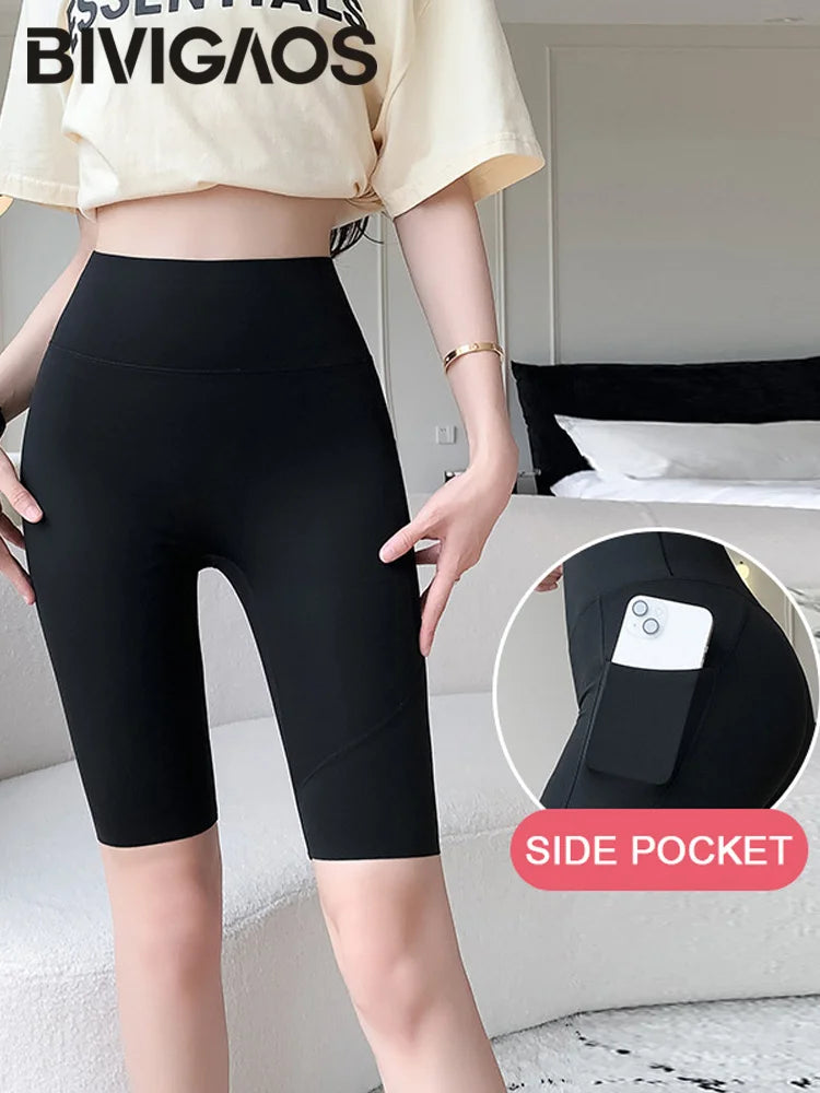 BIVIGAOS Side Pocket Biker Sharkskin Shorts Leggings Women Summer High Waist Thin Slim Skinny Yoga Running Sport Cycling Shorts