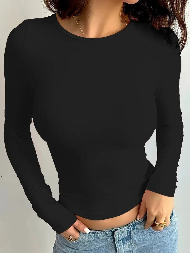 2025 Summer Solid Crew Neck T-Shirt, Casual Long Sleeve Top For Spring & Fall,Women's Clothing