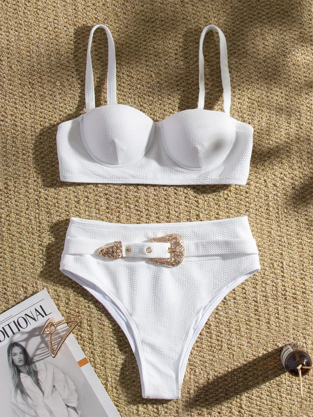 Sexy Rhinestone Belt High Waist Bikinis Set 2025 Women Solid White Black Push Up Underwire Swimsuit Buckle Bathing Suit Swimwear