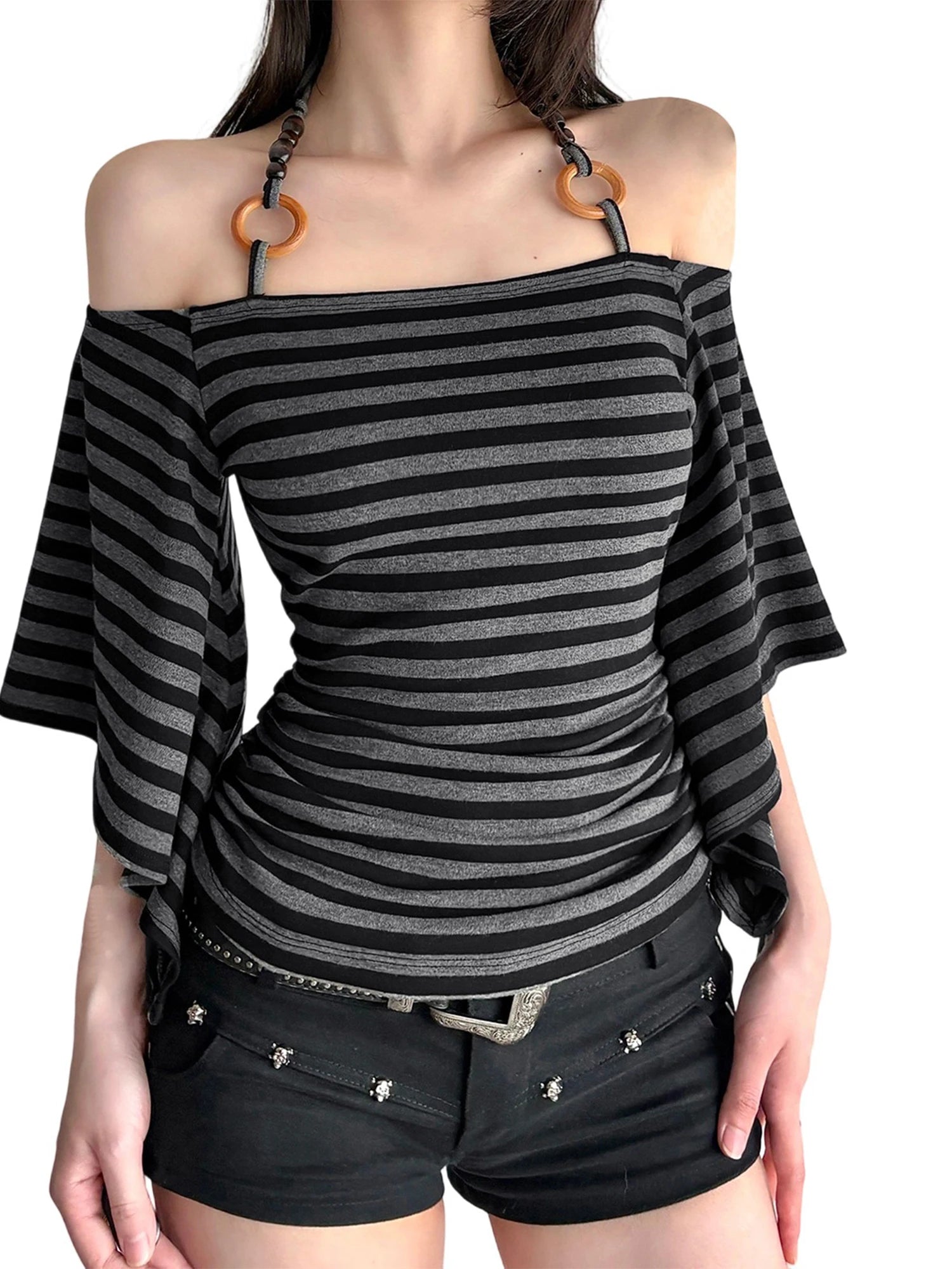 Elegant Striped Off Shoulder Blouse with Halter Neck and 3 4 Batwing Sleeves Perfect for Stylish Fall Outfits