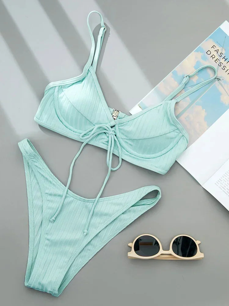 Ribbed Underwired V-Bar Bikini 2025 Women Swimsuit Female Swimwear Two Pieces Bikini Set Knotted Push Up Bathing Suit Swim Lady