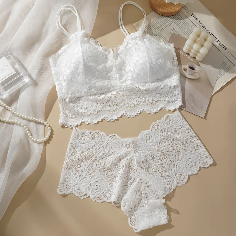 ALLTOOALL Women Sexy Lace Bras Suit Hollow Out Flower Lace Underwear Sets Beautiful Back Tops Panties 2PCS Intimate Set
