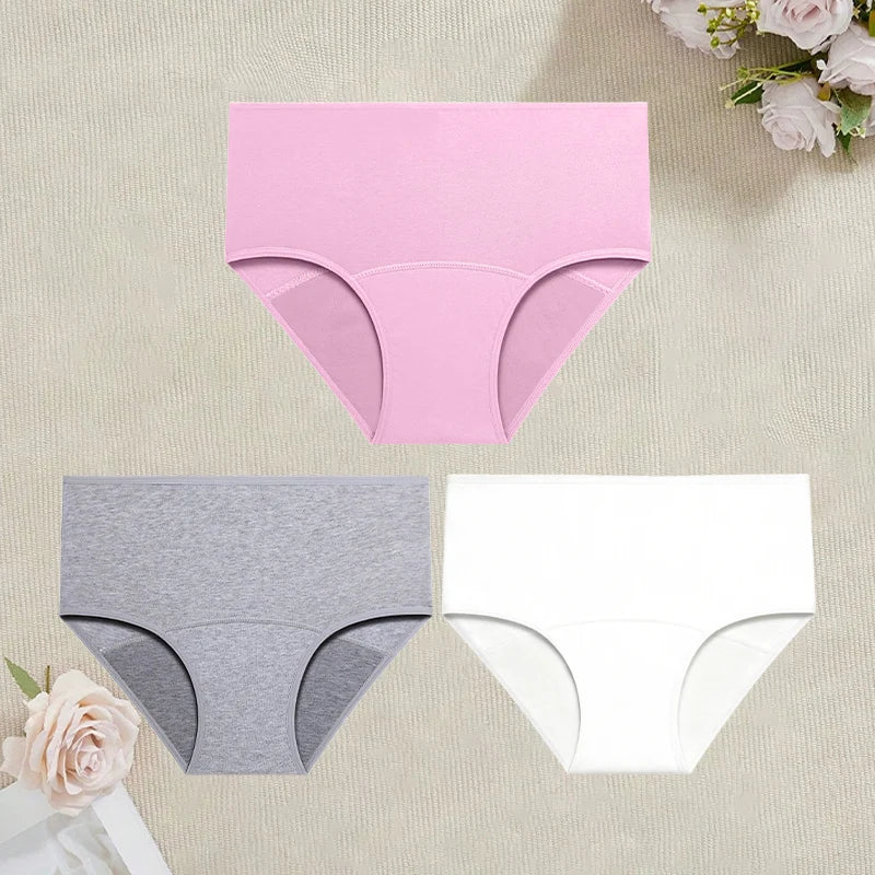 3Pcs/Set Cotton High Waist Physiological Panties For Women Solid Color Leakproof Breathable Underwear Menstrual Period Lingerie