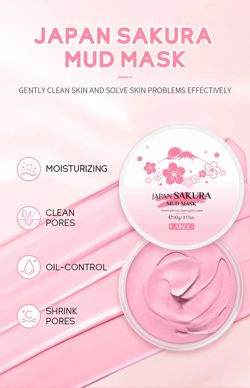 LAIKOU Japan Sakura Clay Mask Deep Cleansing Skin Mud Korean Face Mask Oil Control Shrink Pores Skin Care 80g