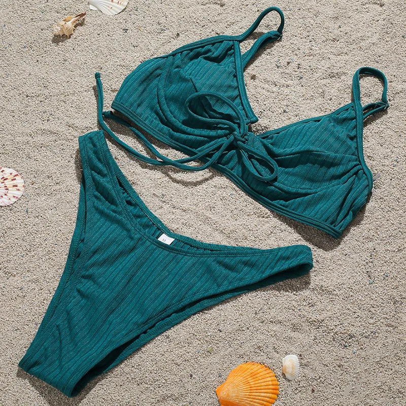 Ribbed Underwired V-Bar Bikini 2025 Women Swimsuit Female Swimwear Two Pieces Bikini Set Knotted Push Up Bathing Suit Swim Lady