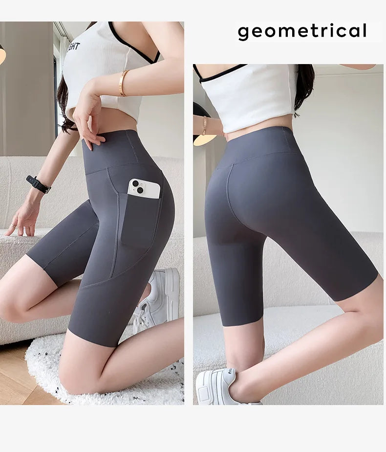 BIVIGAOS Side Pocket Biker Sharkskin Shorts Leggings Women Summer High Waist Thin Slim Skinny Yoga Running Sport Cycling Shorts