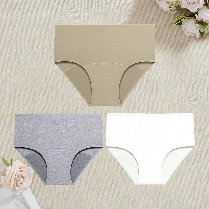 3Pcs/Set Cotton High Waist Physiological Panties For Women Solid Color Leakproof Breathable Underwear Menstrual Period Lingerie