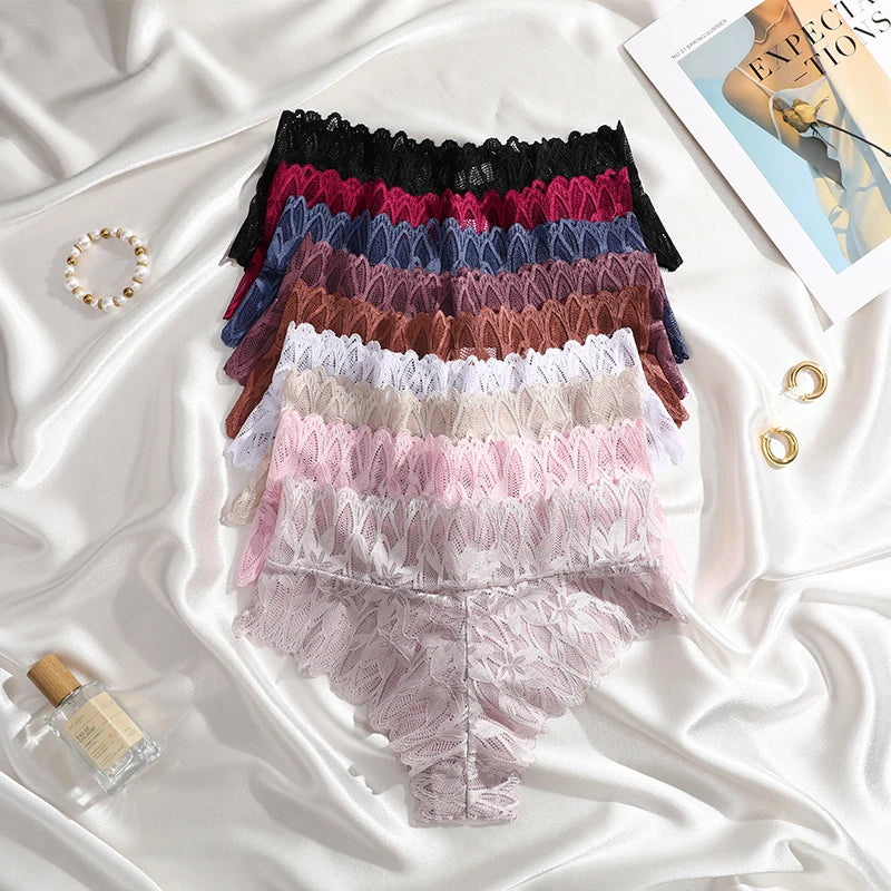 4PCS Women Floral Lace Panties Sexy Perspective G-String High Waist Solid Color Underpants Female Breathable Intimates Lingerie