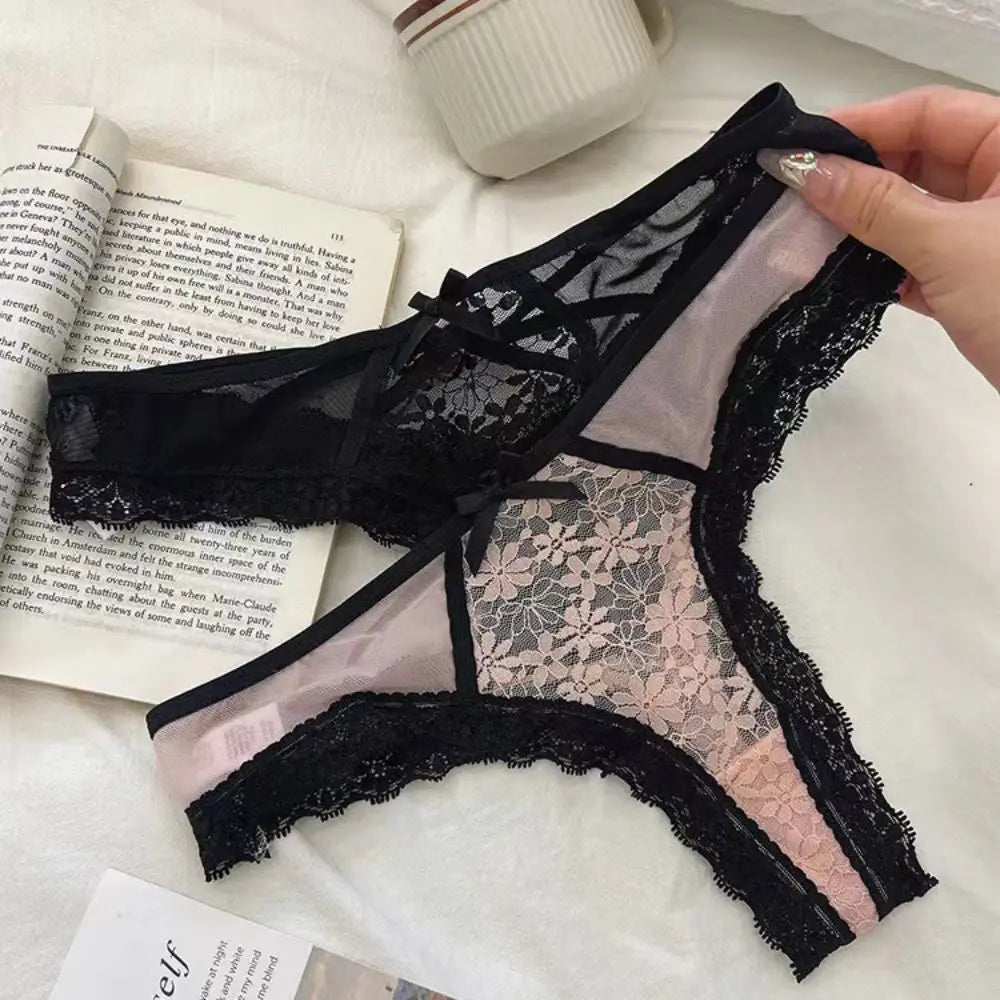 Patchwork Mesh Floral Bowknot Panties Thong Hollow Out Lace Flower Transparent Briefs Cotton Crotch Female Lingerie Lady