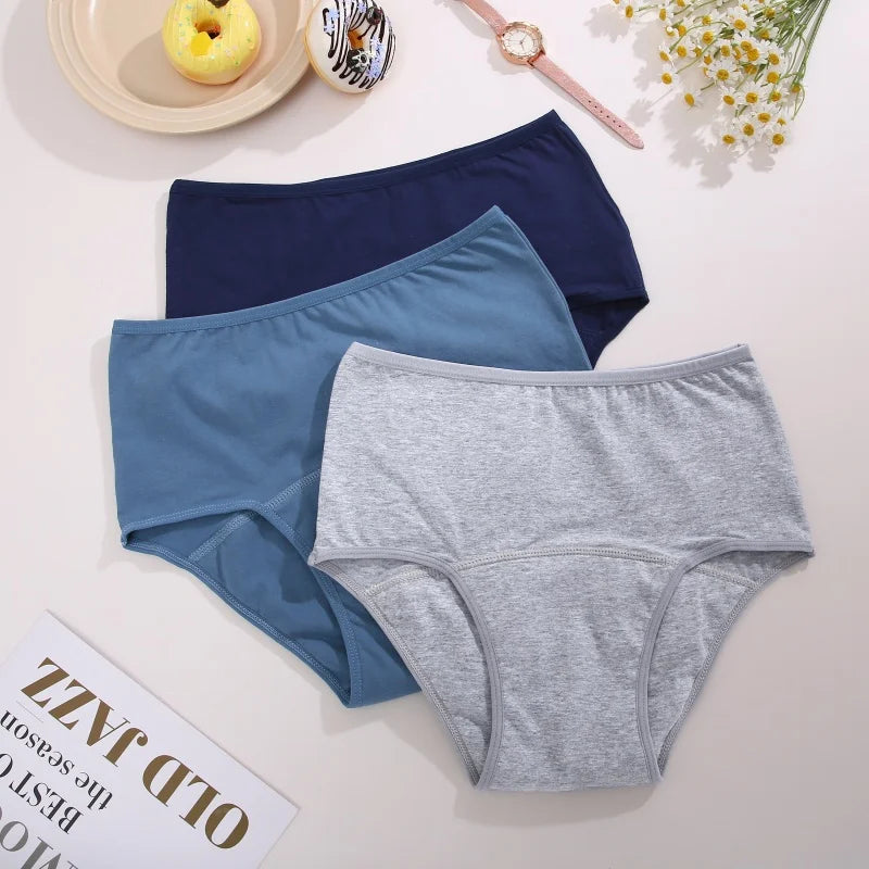 3Pcs/Set Cotton High Waist Physiological Panties For Women Solid Color Leakproof Breathable Underwear Menstrual Period Lingerie
