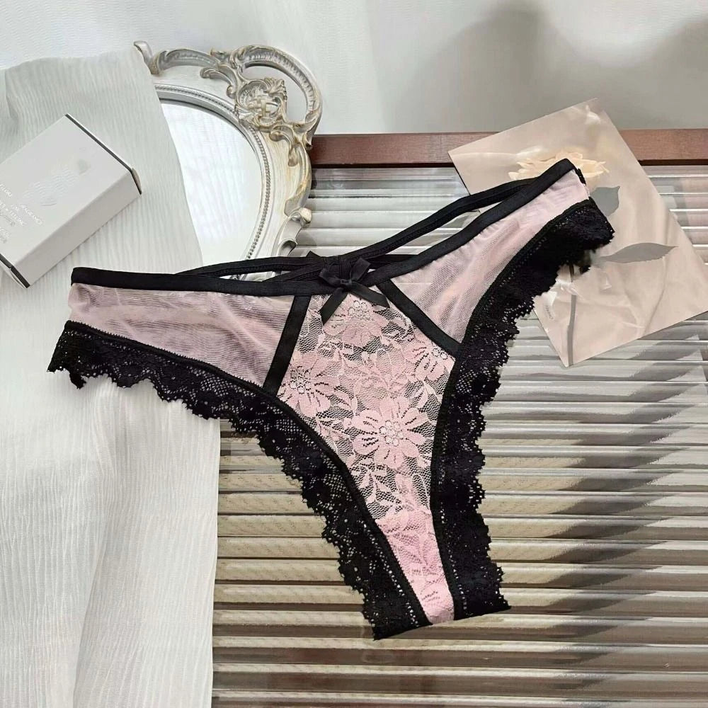 Patchwork Mesh Floral Bowknot Panties Thong Hollow Out Lace Flower Transparent Briefs Cotton Crotch Female Lingerie Lady