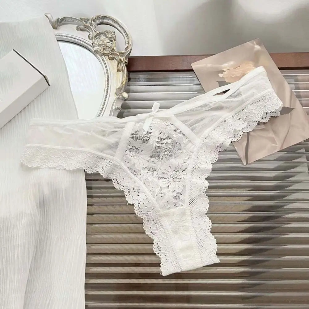 Patchwork Mesh Floral Bowknot Panties Thong Hollow Out Lace Flower Transparent Briefs Cotton Crotch Female Lingerie Lady