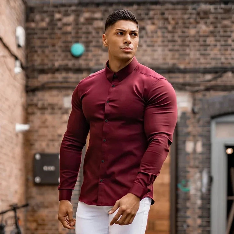 Long Sleeve Solid Shirt Super Slim Fit Male Social Business Dress Brand Men Fitness Men's Casual Sports Shirts Sports Clothing