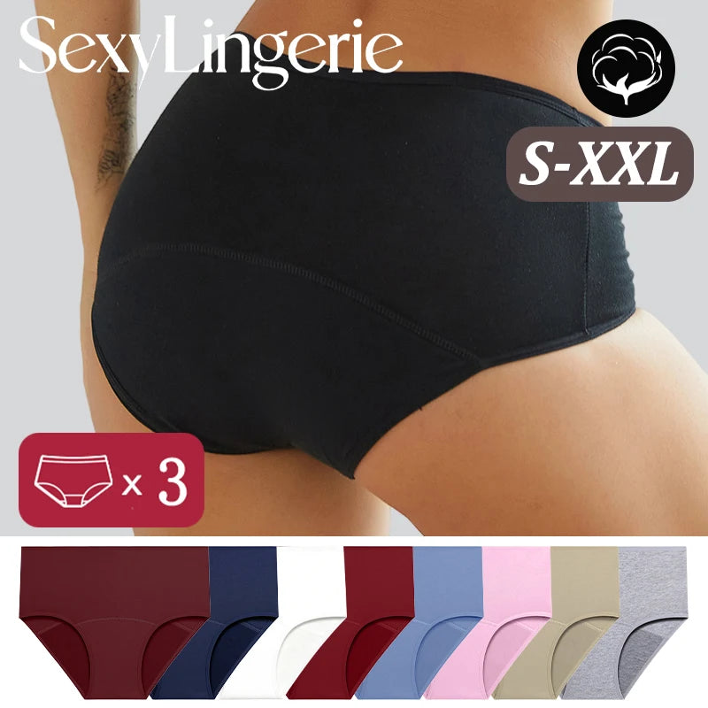 3Pcs/Set Cotton High Waist Physiological Panties For Women Solid Color Leakproof Breathable Underwear Menstrual Period Lingerie