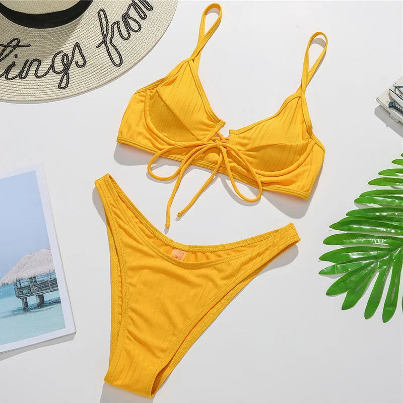 Ribbed Underwired V-Bar Bikini 2025 Women Swimsuit Female Swimwear Two Pieces Bikini Set Knotted Push Up Bathing Suit Swim Lady