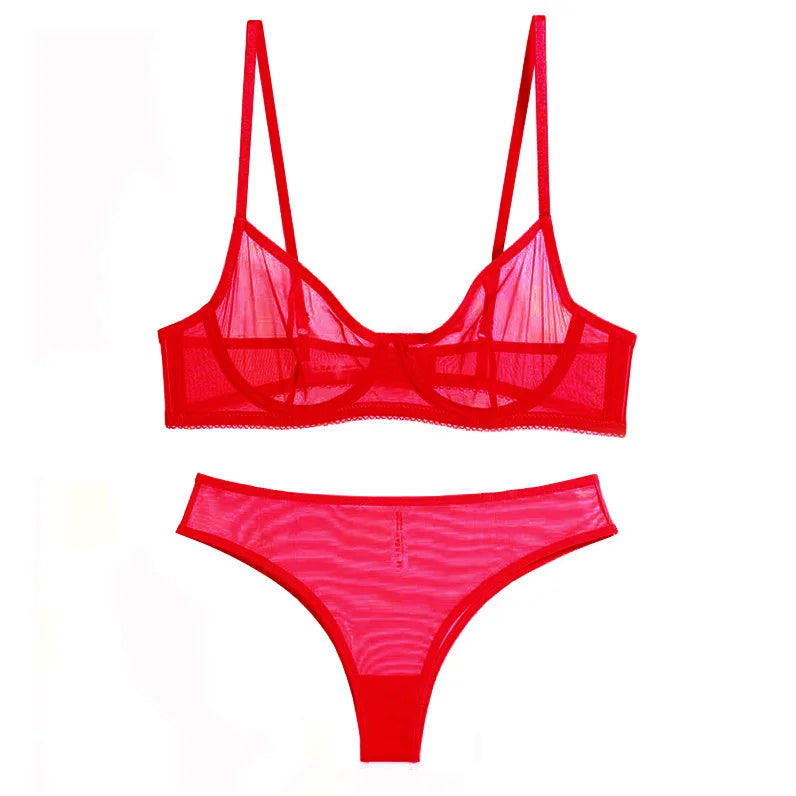 Sexy Lace Ultra-thin Bra Set for Women Mesh Transparent Lingerie French Underwire Push Up Brassiere and Panties Black Temptation
