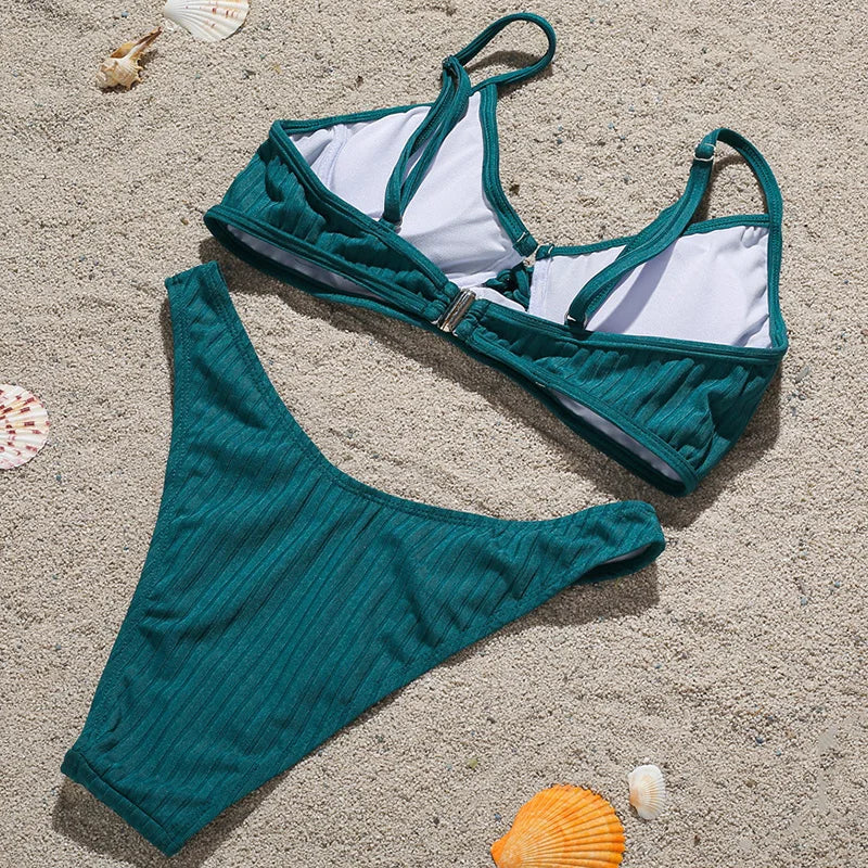 Ribbed Underwired V-Bar Bikini 2025 Women Swimsuit Female Swimwear Two Pieces Bikini Set Knotted Push Up Bathing Suit Swim Lady