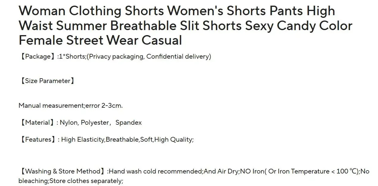 Uick-dry Woman's Clothing Shorts Marathon Running Pants High Waist Summer Breathable Slit Shorts Sexy Female Street Wear Casual