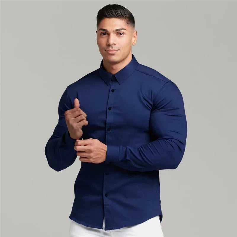 Long Sleeve Solid Shirt Super Slim Fit Male Social Business Dress Brand Men Fitness Men's Casual Sports Shirts Sports Clothing