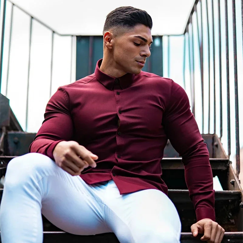 Long Sleeve Solid Shirt Super Slim Fit Male Social Business Dress Brand Men Fitness Men's Casual Sports Shirts Sports Clothing