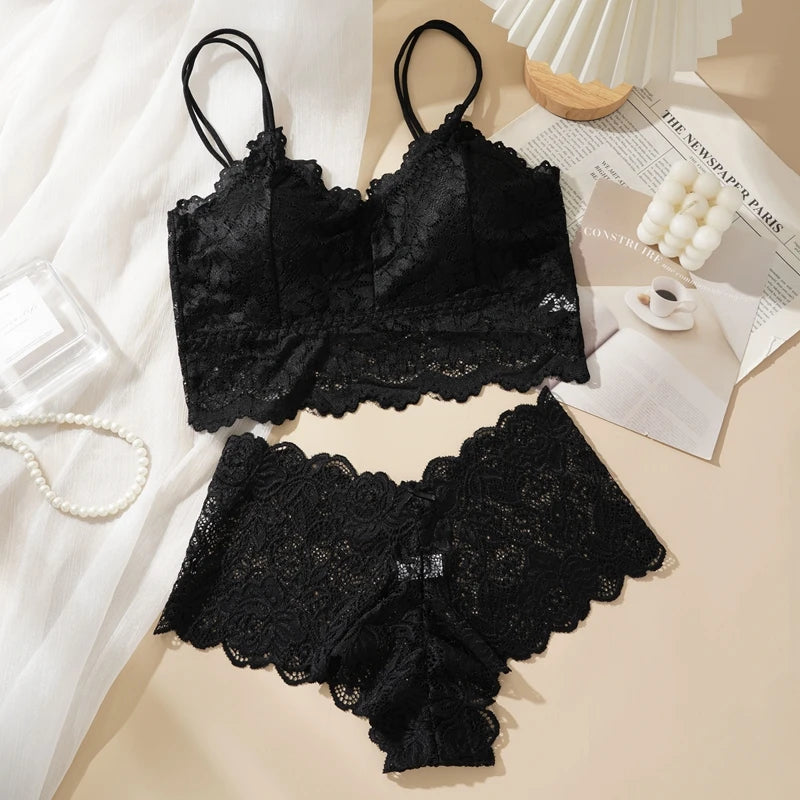 ALLTOOALL Women Sexy Lace Bras Suit Hollow Out Flower Lace Underwear Sets Beautiful Back Tops Panties 2PCS Intimate Set