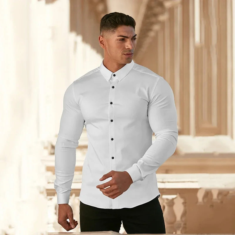 Long Sleeve Solid Shirt Super Slim Fit Male Social Business Dress Brand Men Fitness Men's Casual Sports Shirts Sports Clothing