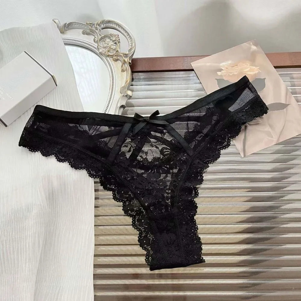 Patchwork Mesh Floral Bowknot Panties Thong Hollow Out Lace Flower Transparent Briefs Cotton Crotch Female Lingerie Lady