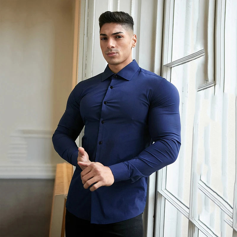 Long Sleeve Solid Shirt Super Slim Fit Male Social Business Dress Brand Men Fitness Men's Casual Sports Shirts Sports Clothing