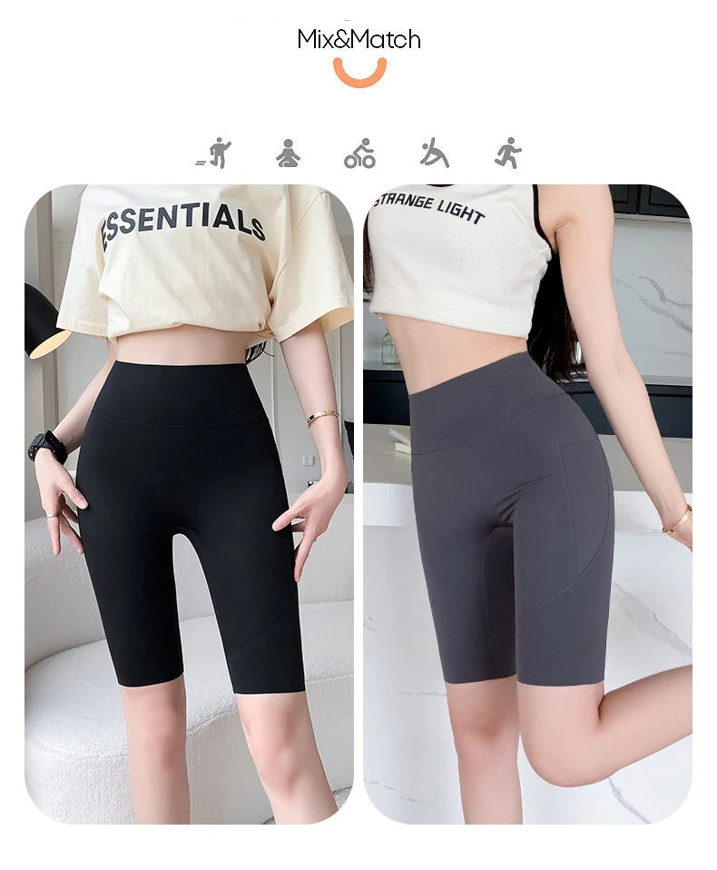 BIVIGAOS Side Pocket Biker Sharkskin Shorts Leggings Women Summer High Waist Thin Slim Skinny Yoga Running Sport Cycling Shorts