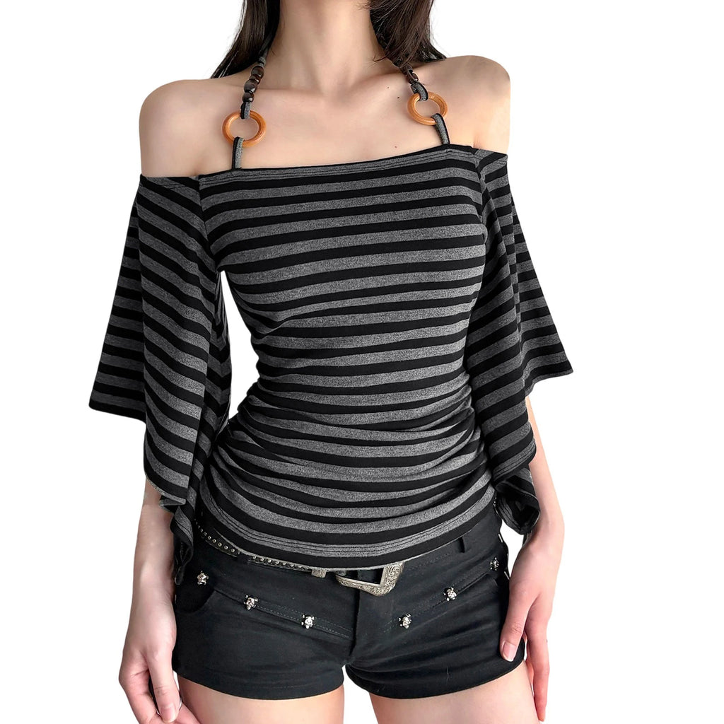 Elegant Striped Off Shoulder Blouse with Halter Neck and 3 4 Batwing Sleeves Perfect for Stylish Fall Outfits