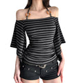 Elegant Striped Off Shoulder Blouse with Halter Neck and 3 4 Batwing Sleeves Perfect for Stylish Fall Outfits