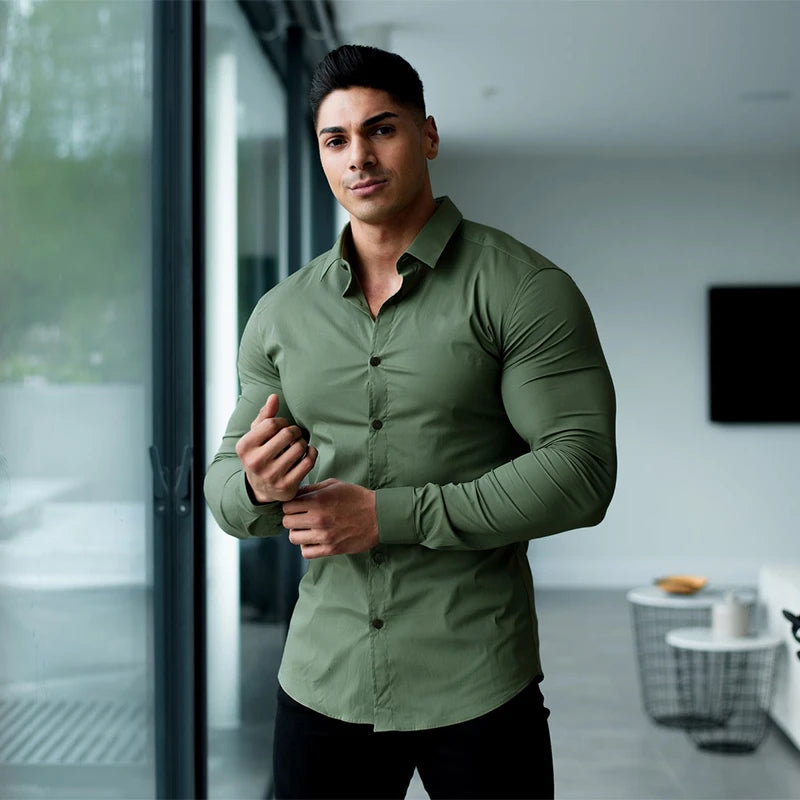 Long Sleeve Solid Shirt Super Slim Fit Male Social Business Dress Brand Men Fitness Men's Casual Sports Shirts Sports Clothing