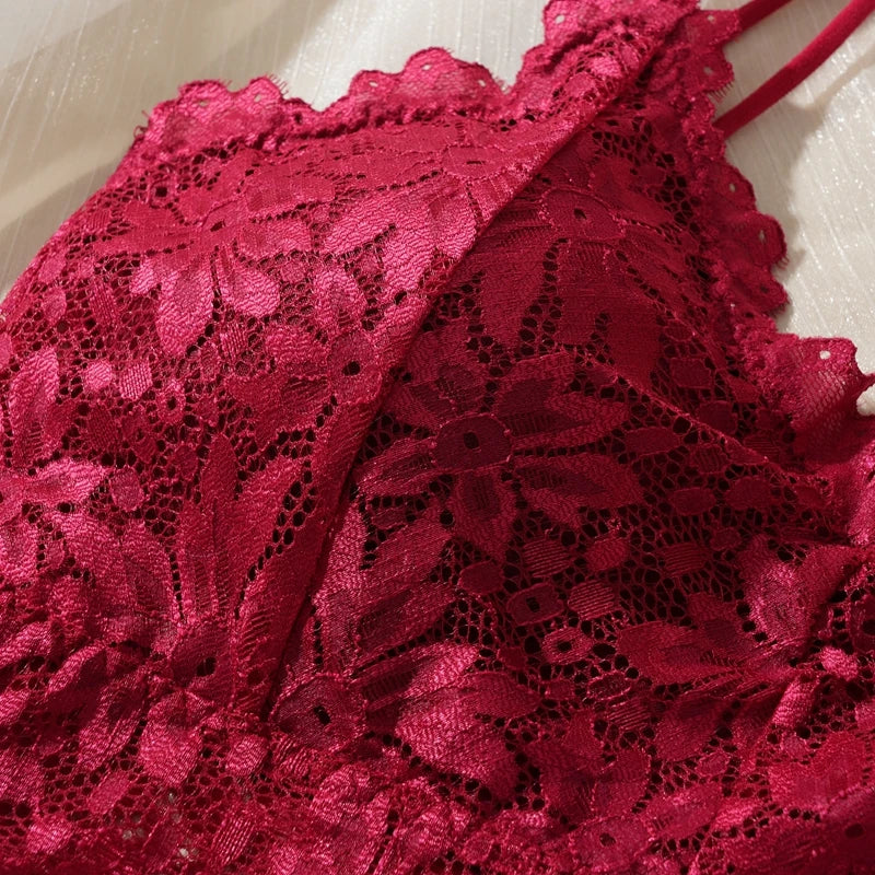 ALLTOOALL Women Sexy Lace Bras Suit Hollow Out Flower Lace Underwear Sets Beautiful Back Tops Panties 2PCS Intimate Set