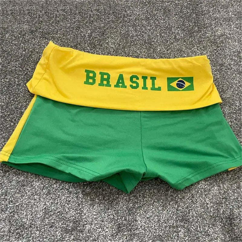 Gothic Women's Green Shorts Brazil Embroidery Casual Wide Leg Pants Patchwork Elastic Waist Biker Shorts Y2k Clothes 2024 Summer