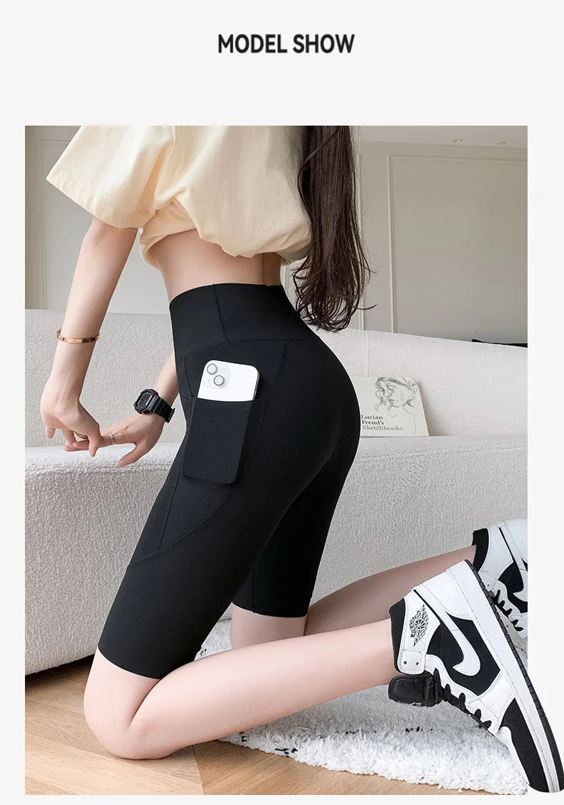 BIVIGAOS Side Pocket Biker Sharkskin Shorts Leggings Women Summer High Waist Thin Slim Skinny Yoga Running Sport Cycling Shorts