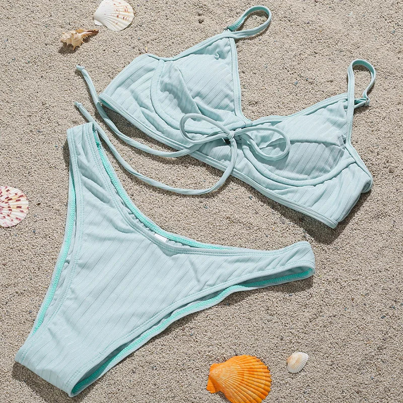 Ribbed Underwired V-Bar Bikini 2025 Women Swimsuit Female Swimwear Two Pieces Bikini Set Knotted Push Up Bathing Suit Swim Lady